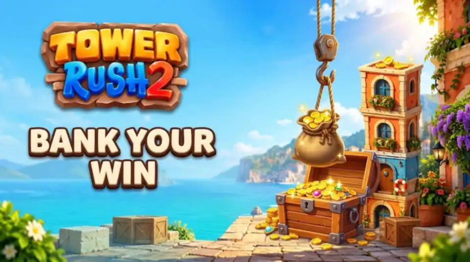 Tower Rush 2 play scene with a crane lowering a sack of gold coins into a wooden chest