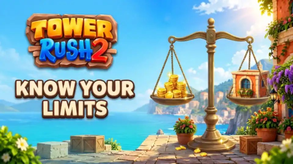 Tower Rush 2 RTP scene with a brass balance scale holding gold coins and a house floor