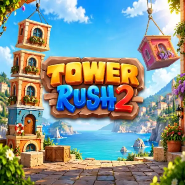Tower Rush 2 game title above a stacked tower of colourful floors on a sunny seaside